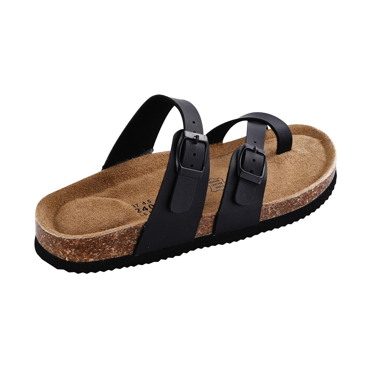 SUFU Summer Cork Sandals Women's Leather Clogs Slippers Black with Classic Buckle Slides Casual Footwear