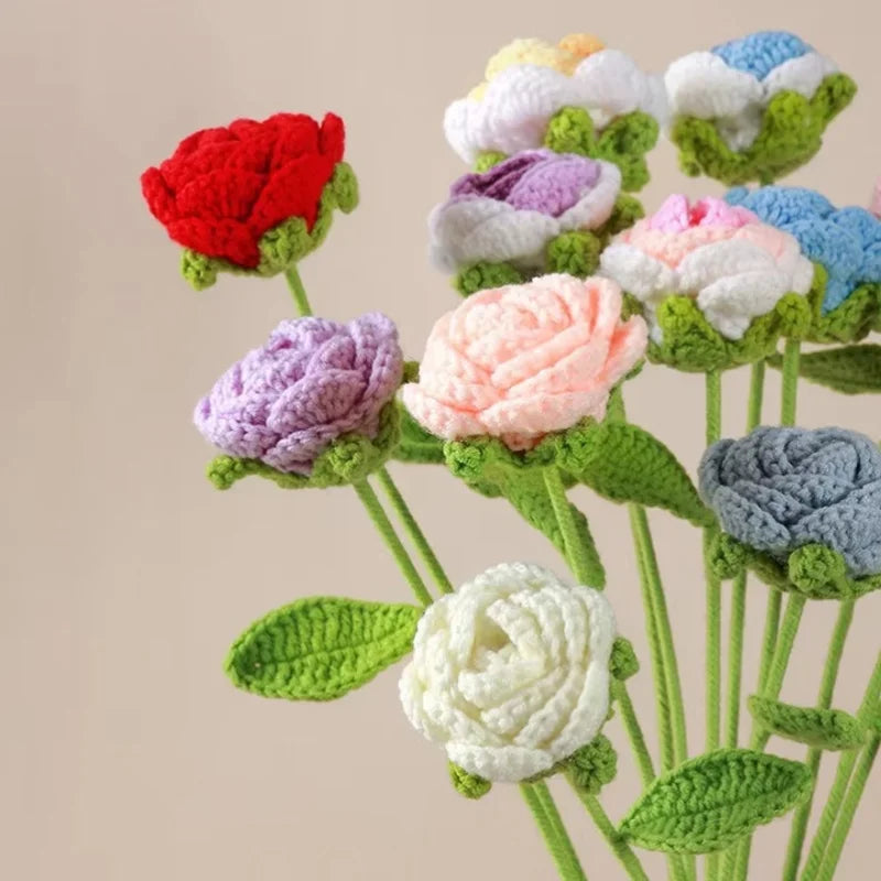 6 Pieces Multi Color DIY Knitting Rose Flower Bouquet Hand Knitted Fake Flowers Crochet Floral Arrangement