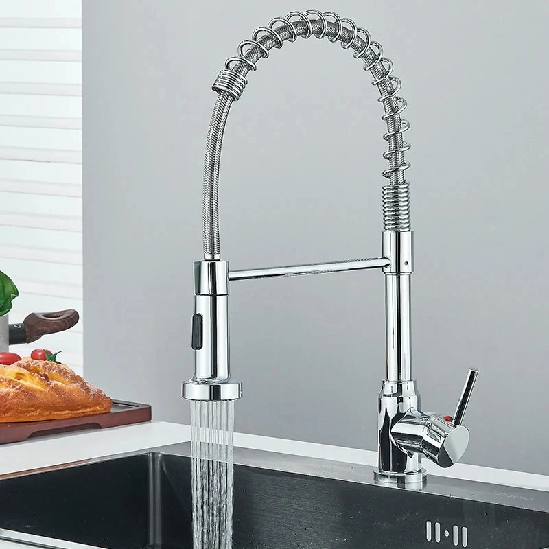 Chrome Spring Pull Down Kitchen Faucet with Stream Spray Head Hot and Cold Water Tap Stainless Steel Rotation Kitchen Mixer Crane