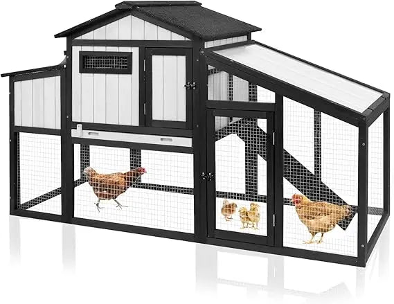65.3 Inch Chicken Coop and Run Wooden Hen House for One to Two Chickens with Nesting Box Tray and Perches Indoor Outdoor Pet Hutch