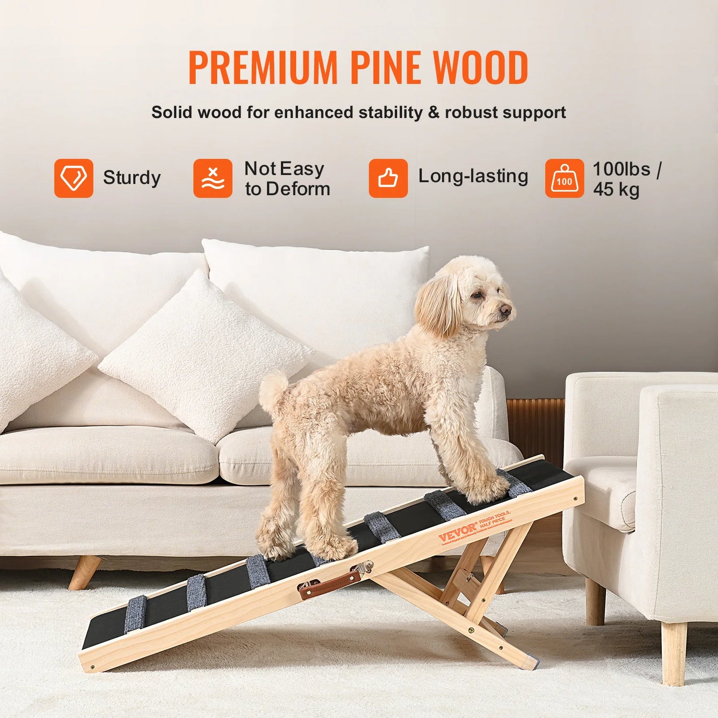 SucceBuy Dog Ramp Folding Ladder Anti Slip High Adjustable Wooden Pet Ramp Removable for Small and Old Dogs Climbing Stairs Sofa and Car