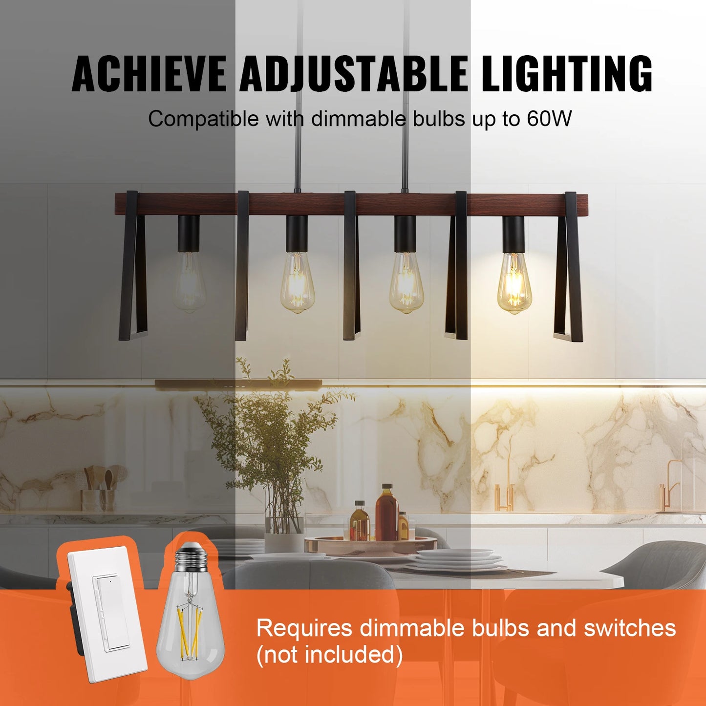 VEVOR 4 Light Kitchen Island Pendant Lights 60W with 2x6 Inch and 6x12 Inch Rods Industrial Metal Frame Farmhouse Linear Chandeliers