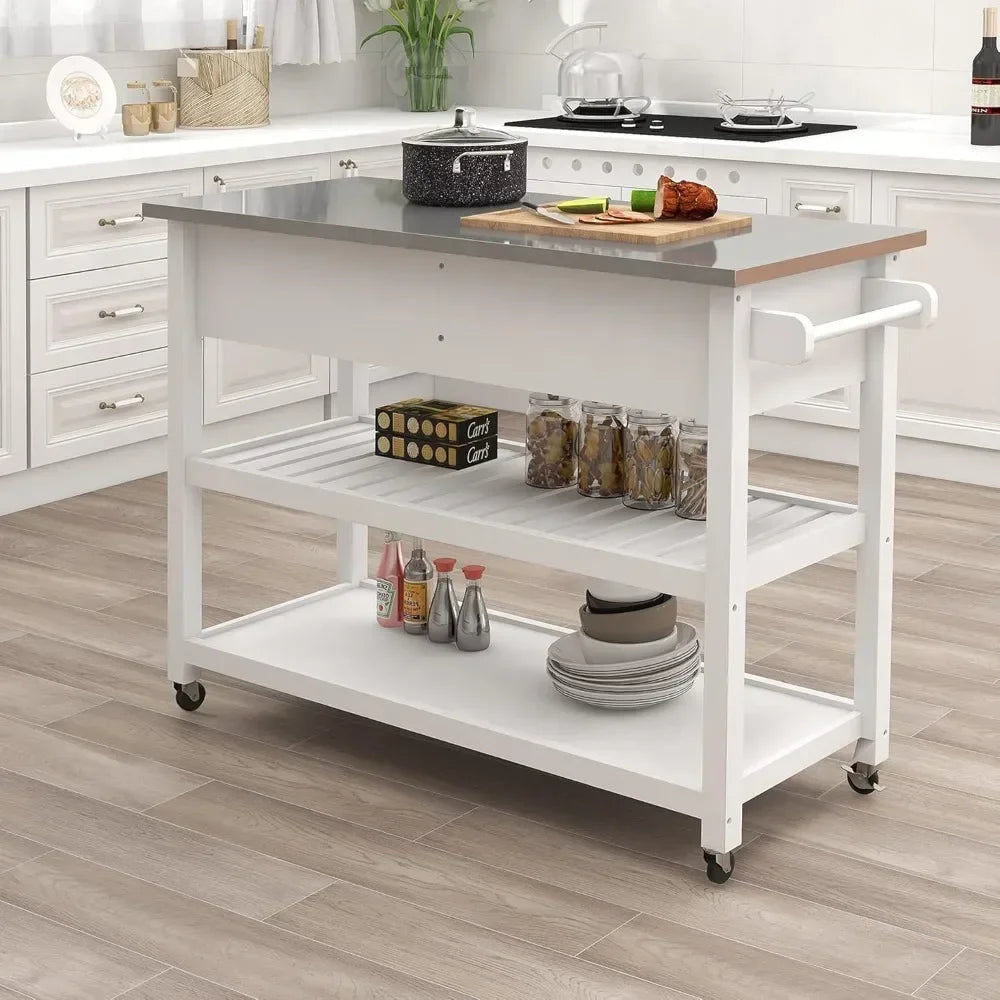 ANGDUO Kitchen Island Cart with Stainless Steel Top and Drawers
