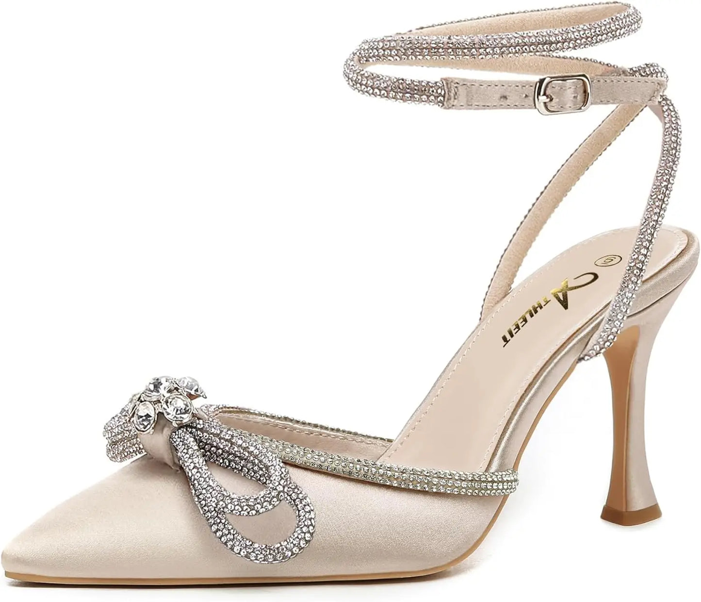 Women's Rhinestone Bow Heels Ankle Strap Pointed Toe Stiletto Heeled Sandals Wedding Bridal Dress Pumps