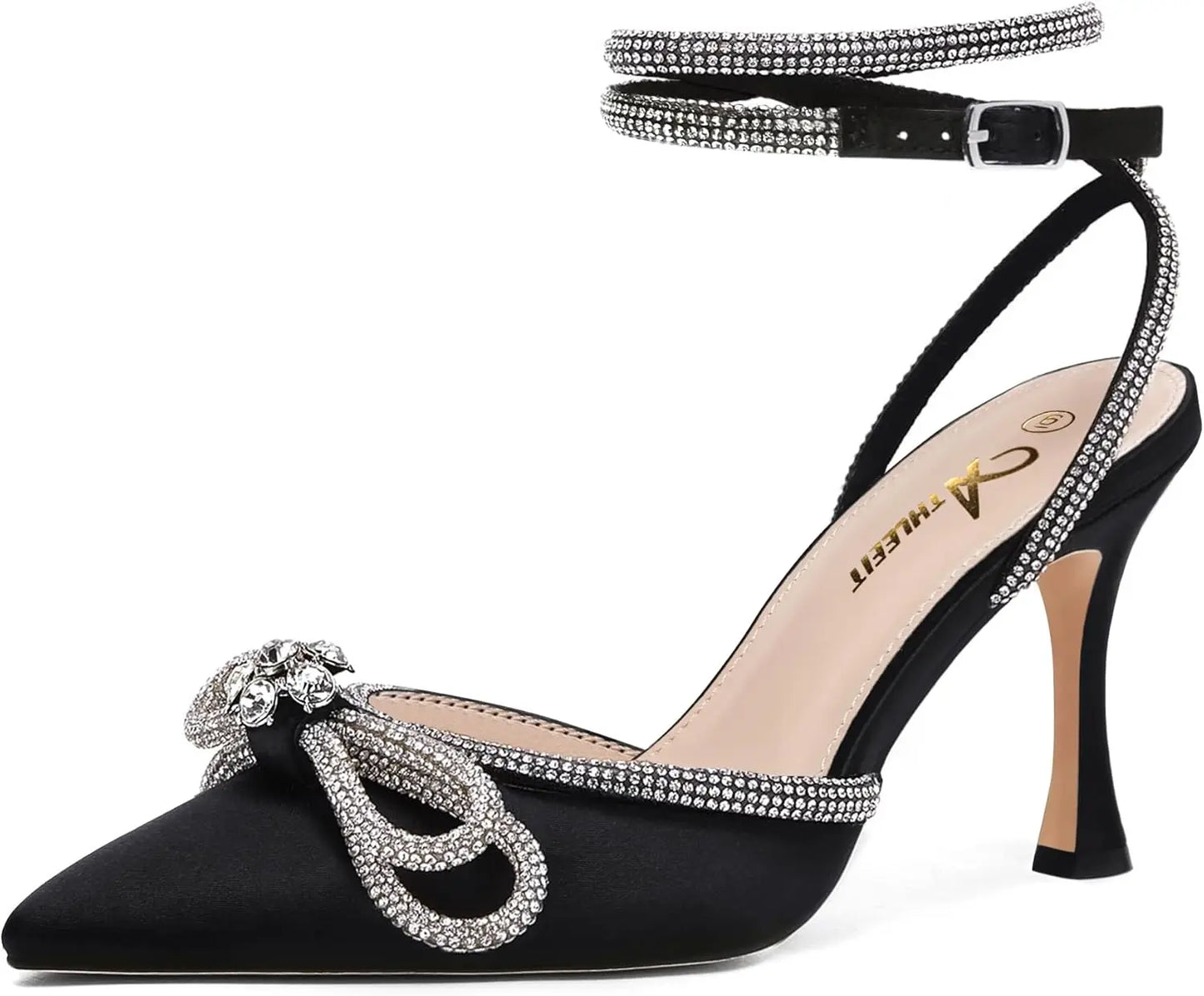 Women's Rhinestone Bow Heels Ankle Strap Pointed Toe Stiletto Heeled Sandals Wedding Bridal Dress Pumps