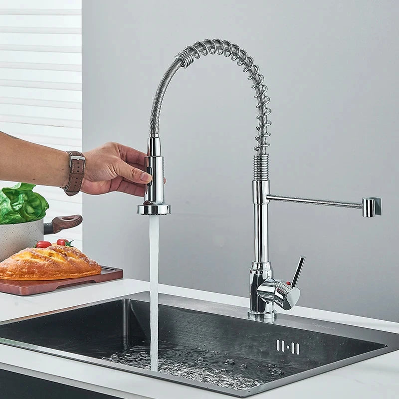 Chrome Spring Pull Down Kitchen Faucet with Stream Spray Head Hot and Cold Water Tap Stainless Steel Rotation Kitchen Mixer Crane