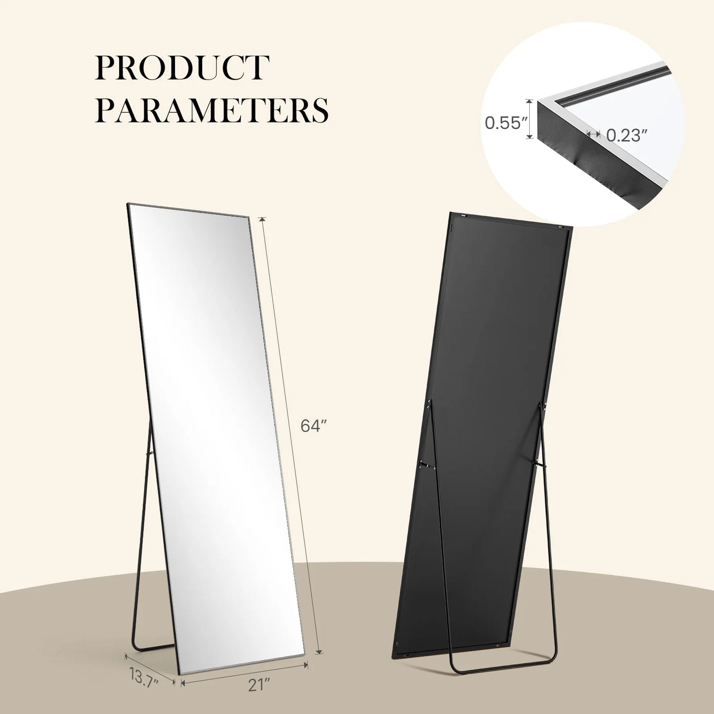 JHK Full Body Wall Mirror 59 Inch by 16 Inch or 64 Inch by 21 Inch Standing or Wall Hanging with Aluminum Alloy Frame for Bedroom and Cloakroom Decoration