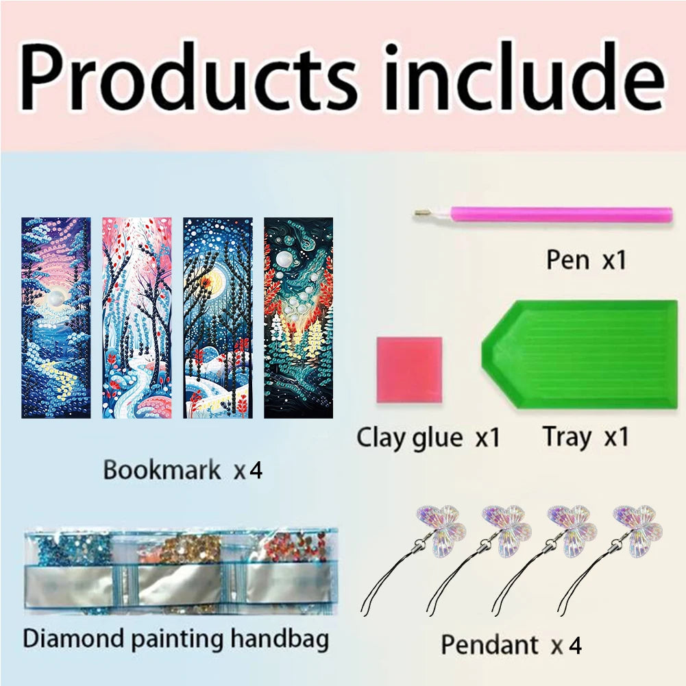4Pcs Special Shape Santa Claus Elk Diamond Painting Bookmark 5D DIY Diamond Art Kit with Pendant