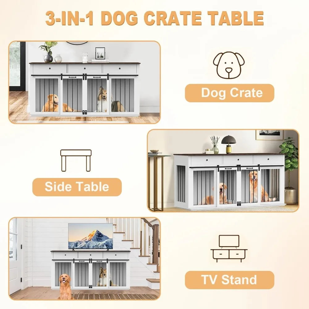 Very 72 Double Dog Crate Furniture For 2 Dogs Heavy Duty Wood Cage Table With Storage Drawers