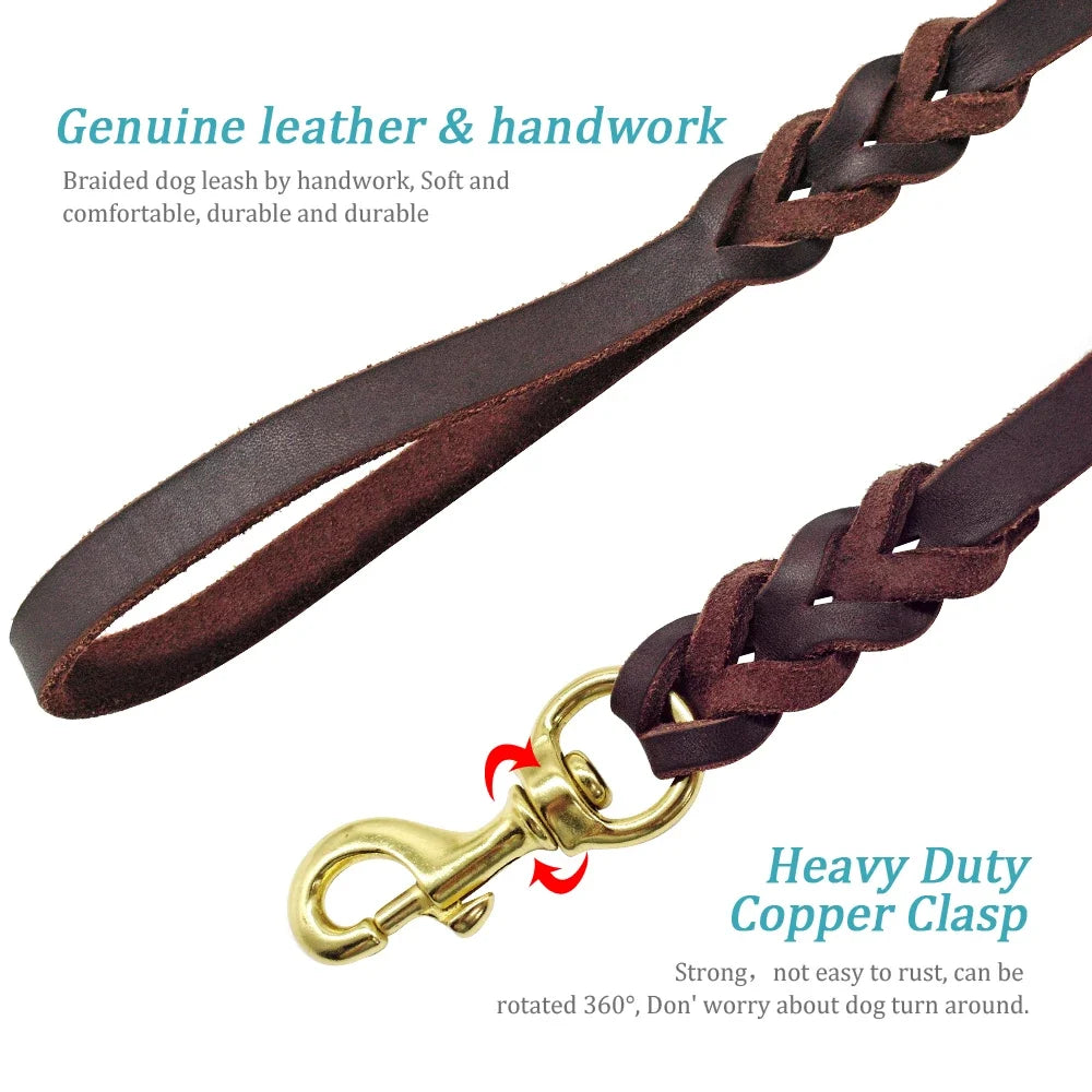 Genuine Leather Braided Dog Leash for Medium and Large Dogs