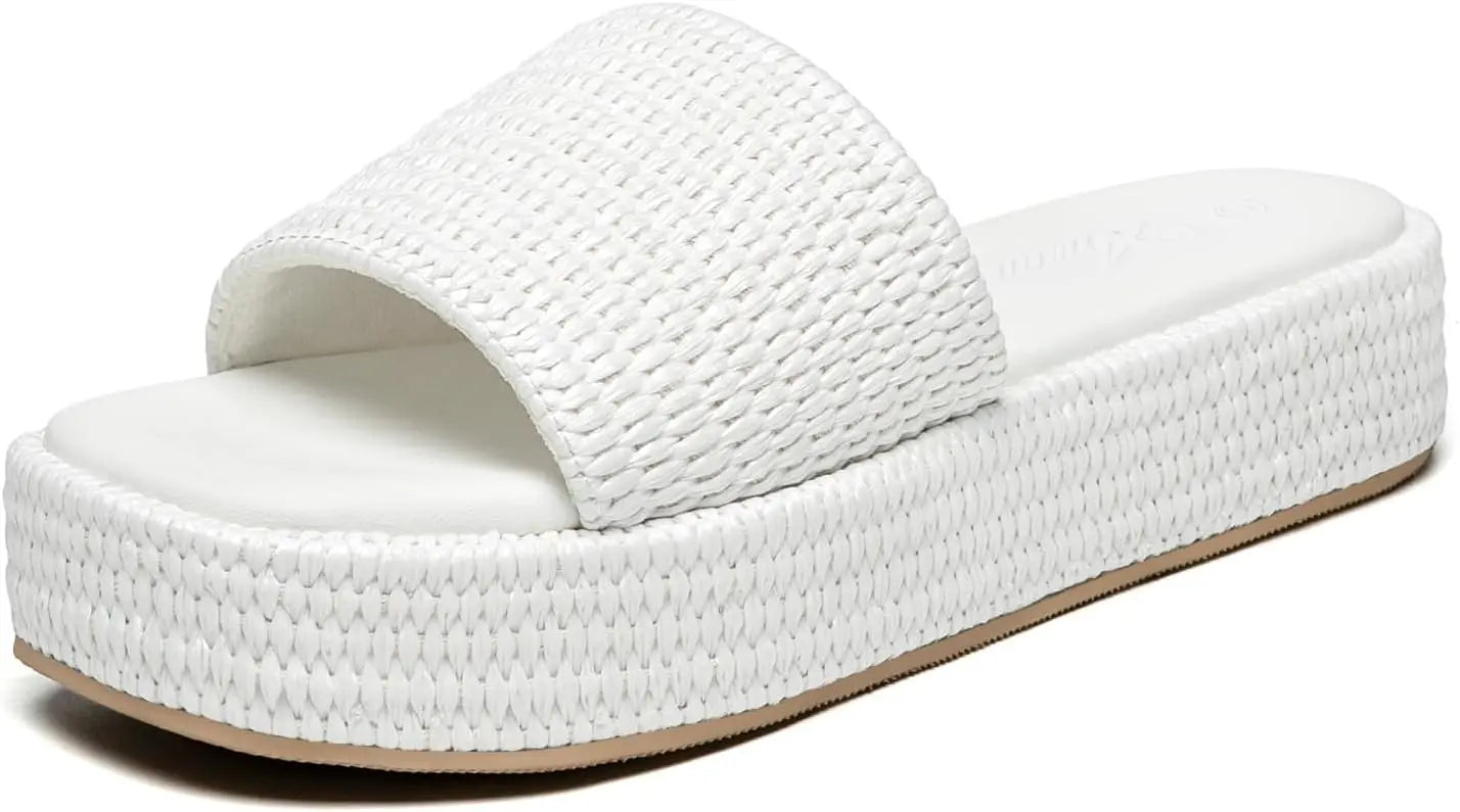 Athlefit Women's Platform Raffia Sandals Comfortable Open Toe Slip On Beach Slides for Summer Casual
