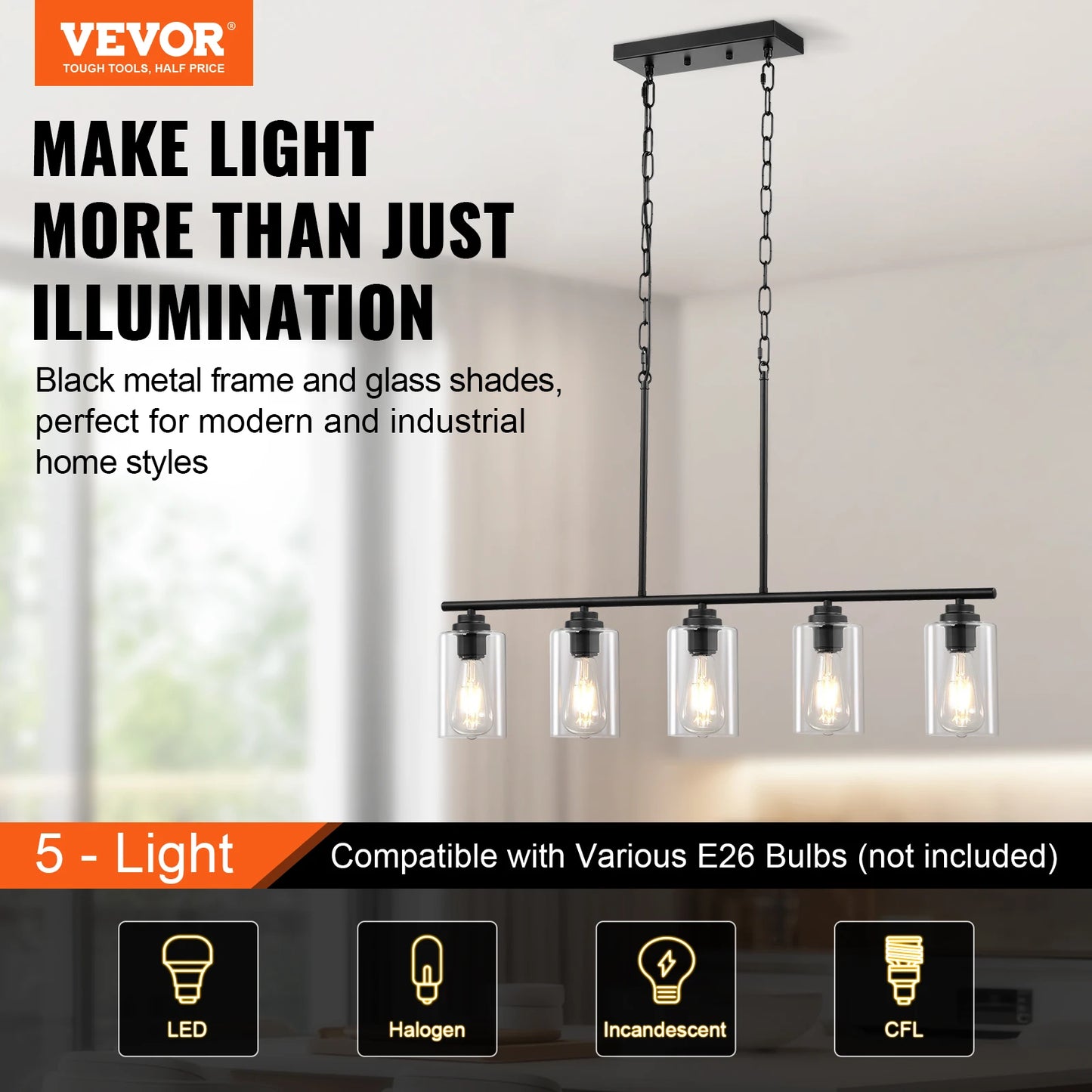 VEVOR 5 Light Kitchen Island Pendant Lights 60W Clear Glass Lampshade 4 Rods 2 Metal Chains Farmhouse Linear Chandeliers