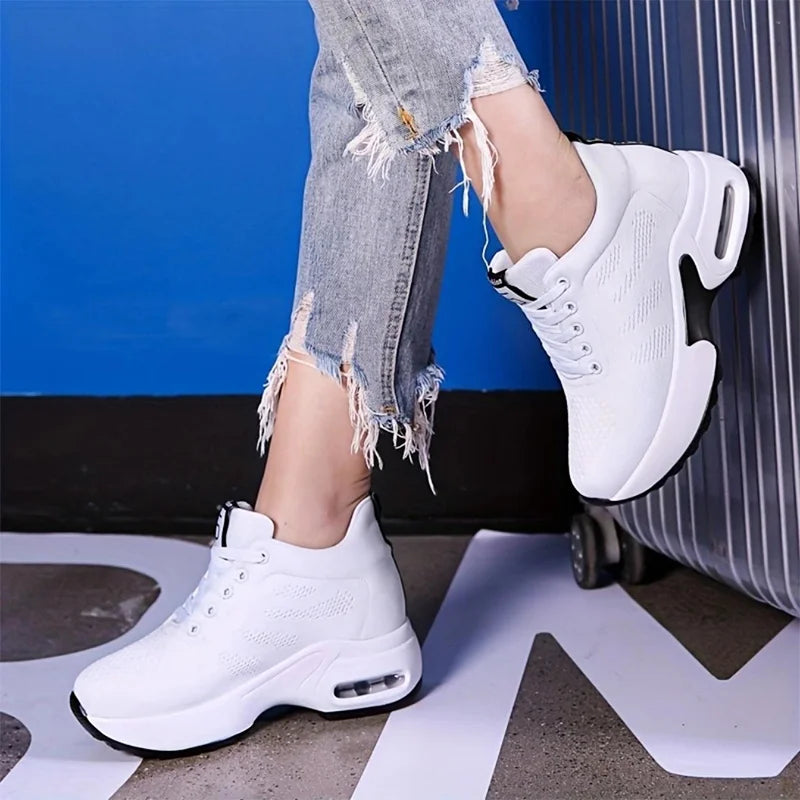 Women Air Cushion Running Sneakers Comfortable Mesh Lace Up Walking Shoes Breathable White