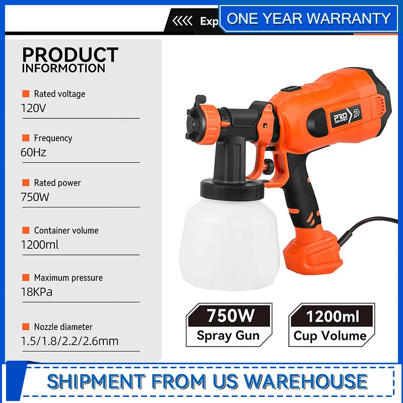 750W High Power HVLP Electric Paint Sprayer with 1200ml Easy Cleaning for Home DIY by Prostormer