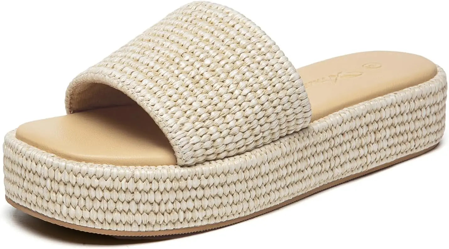 Athlefit Women's Platform Raffia Sandals Comfortable Open Toe