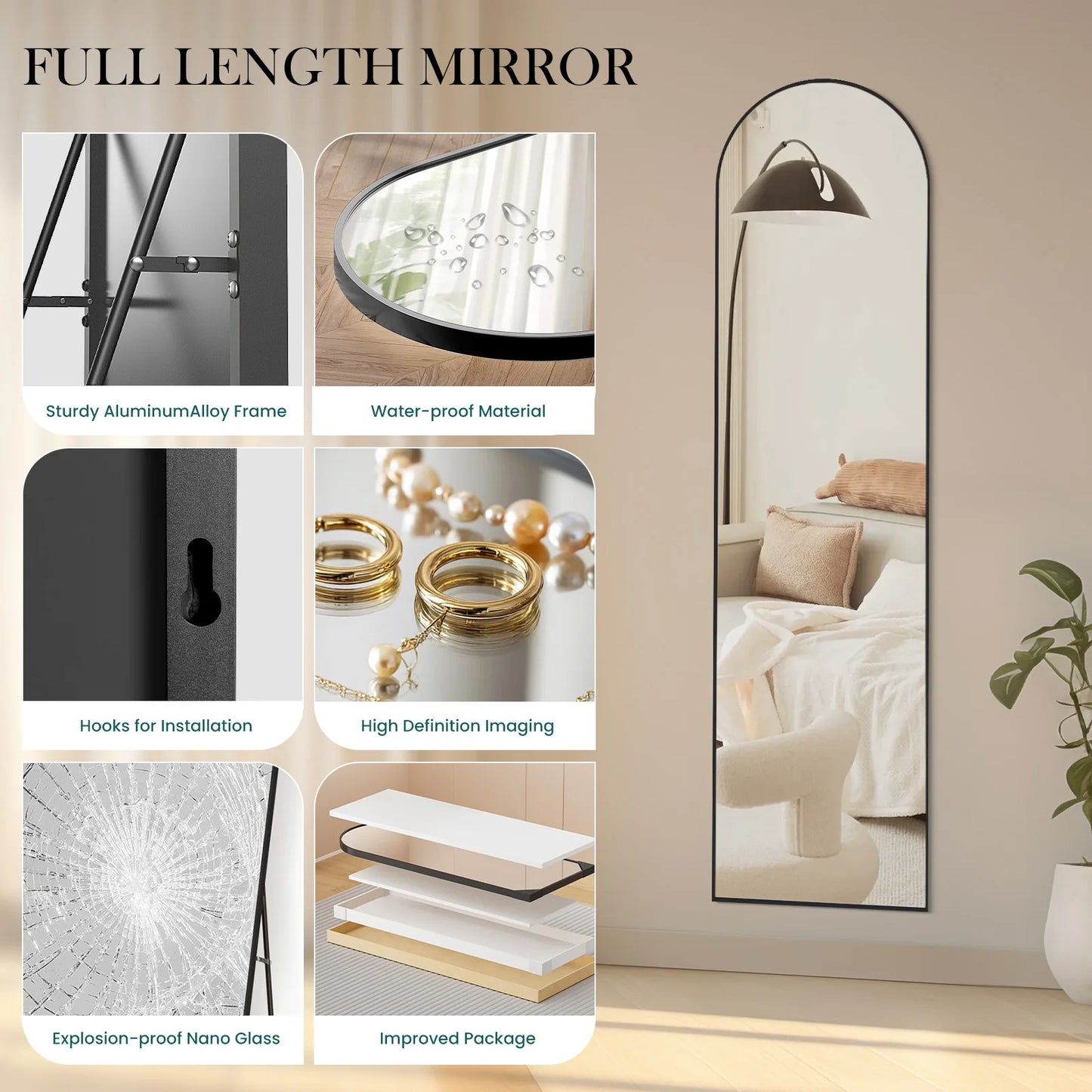 JHK Full Body Wall Mirror 59 Inch by 16 Inch or 64 Inch by 21 Inch Standing or Wall Hanging with Aluminum Alloy Frame for Bedroom and Cloakroom Decoration
