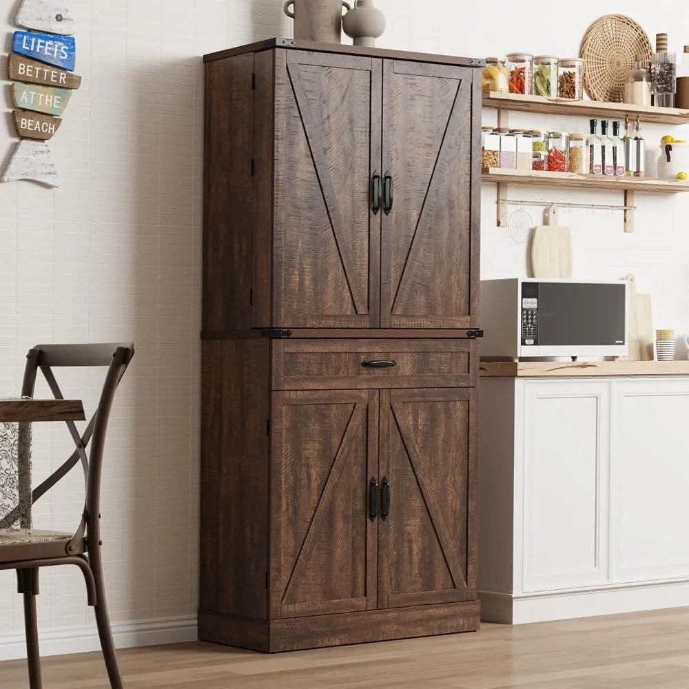 Farmhouse Kitchen Pantry Cabinet with Drawers and Barn Door Shelves