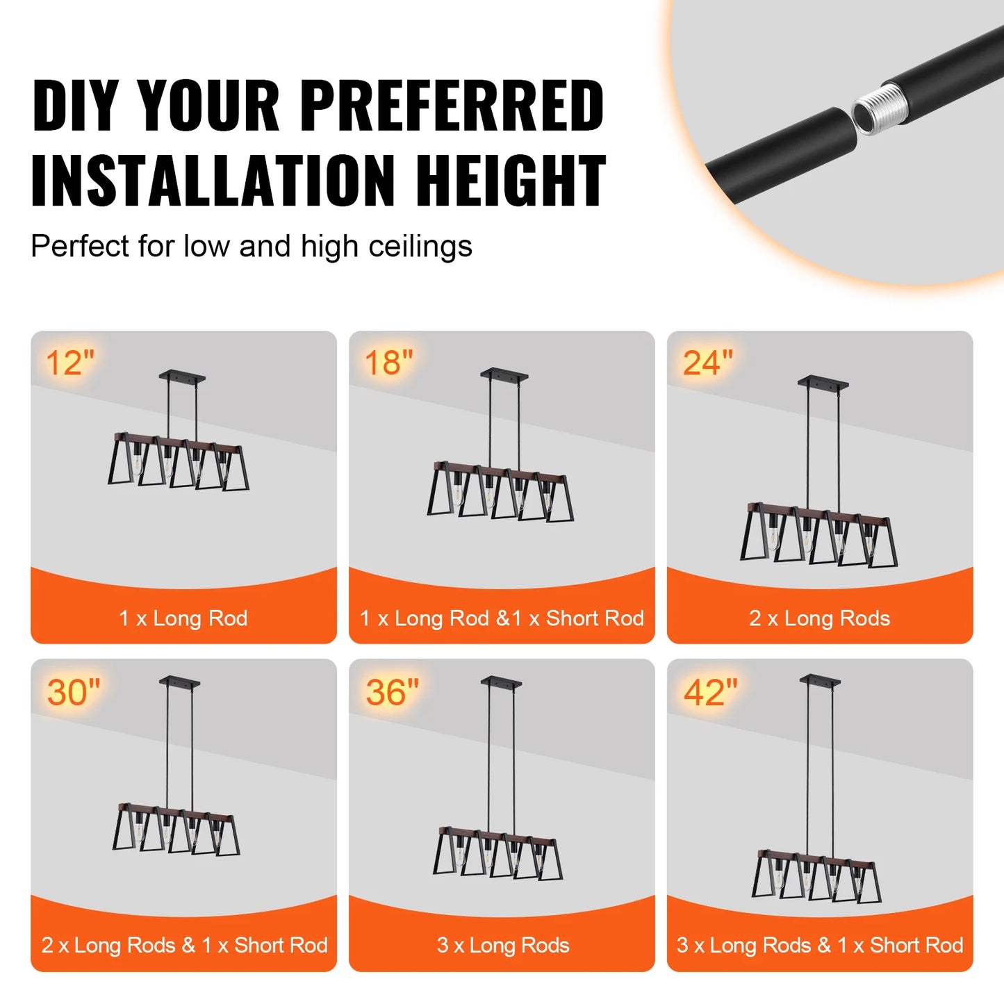 VEVOR 4 Light Kitchen Island Pendant Lights 60W with 2x6 Inch and 6x12 Inch Rods Industrial Metal Frame Farmhouse Linear Chandeliers