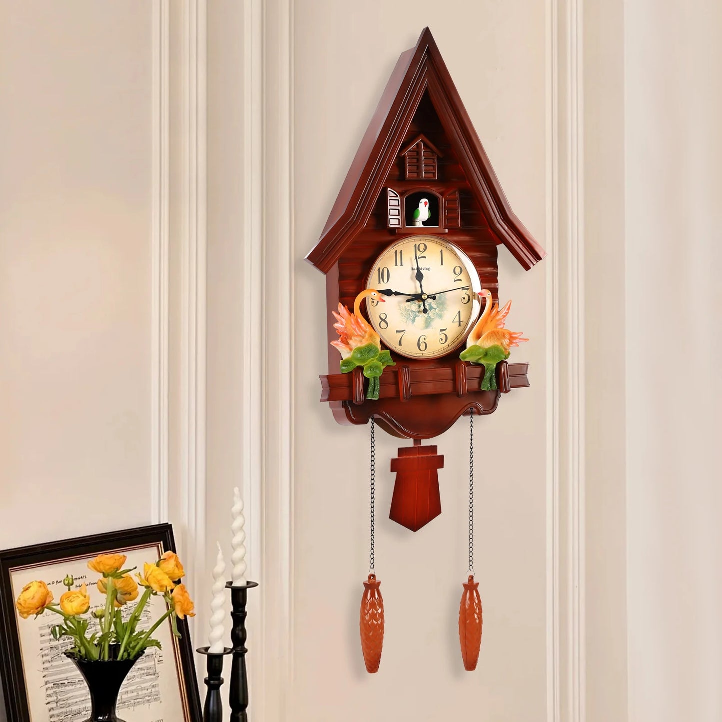 Creative Wall Clock for Living Room Decor Indoor Plastic Reddish-brown
