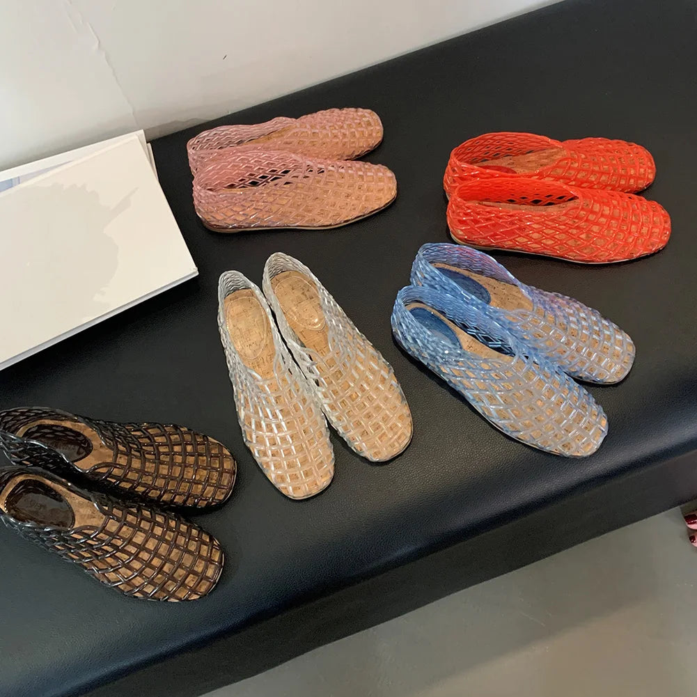 Women Jelly Flats Fashion Slip On Square Toe Hollow Out Ballet Flats Lightweight Beach Shoes for Outdoor Travel
