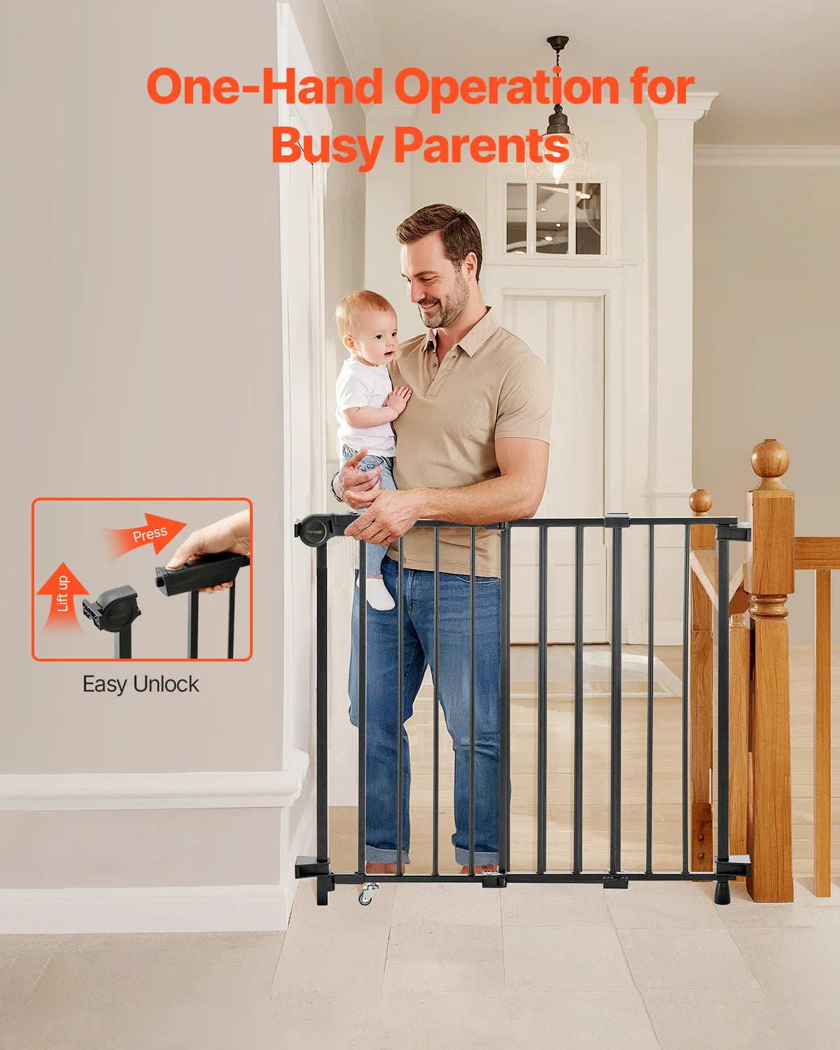 Vevor Adjustable Baby Gate 29.5 to 43 Inches Wide 28 Inches High Dog Gate No Threshold Bar Easy Step Walk For Child And Pet Security