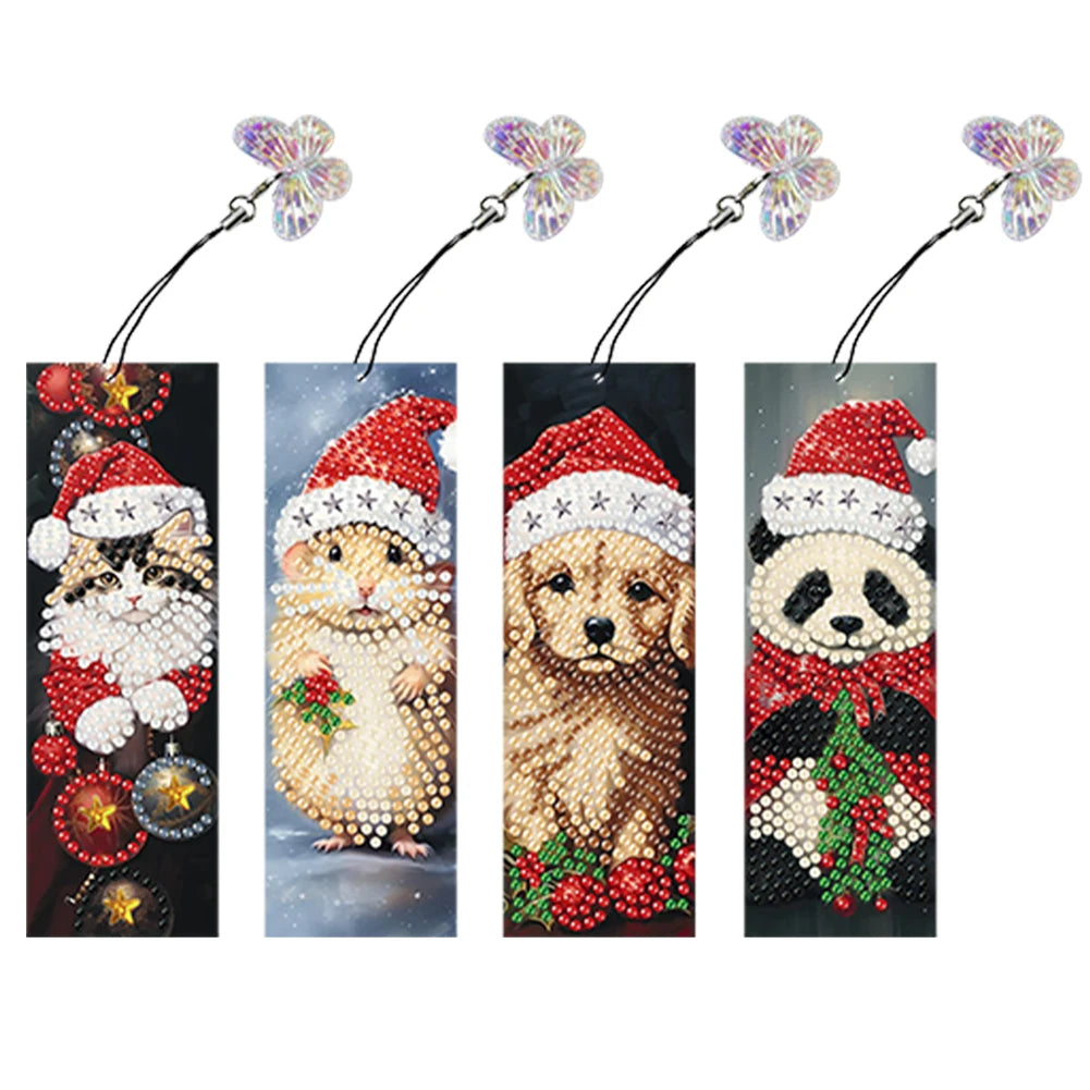 4Pcs Special Shape Santa Claus Elk Diamond Painting Bookmark 5D DIY Diamond Art Kit with Pendant