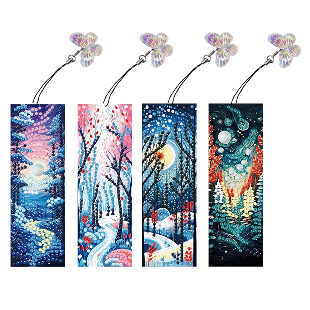 4Pcs Special Shape Santa Claus Elk Diamond Painting Bookmark 5D DIY Diamond Art Kit with Pendant