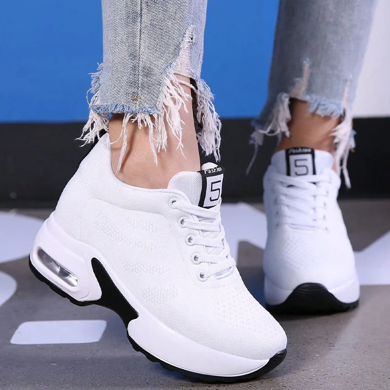 Women Air Cushion Running Sneakers Comfortable Mesh Lace Up Walking Shoes Breathable White