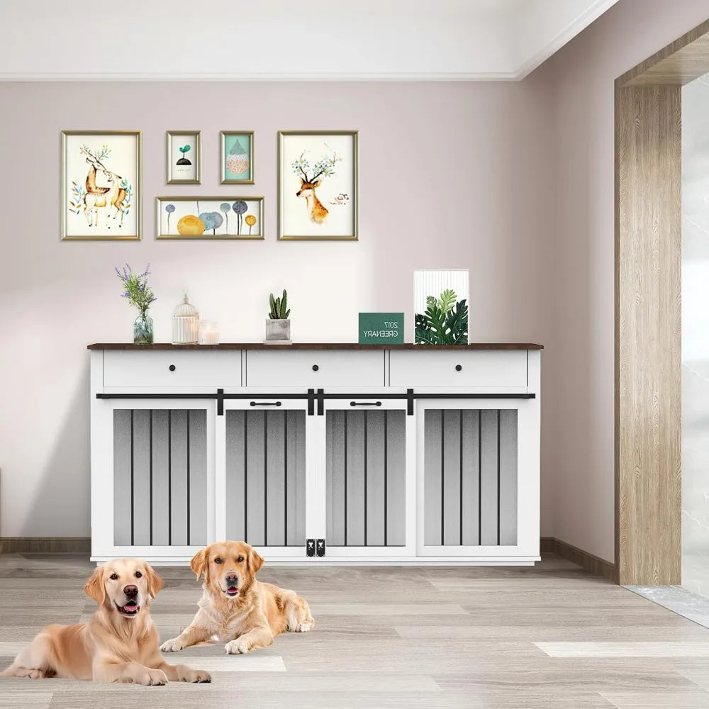 Very 72 Double Dog Crate Furniture For 2 Dogs Heavy Duty Wood Cage Table With Storage Drawers