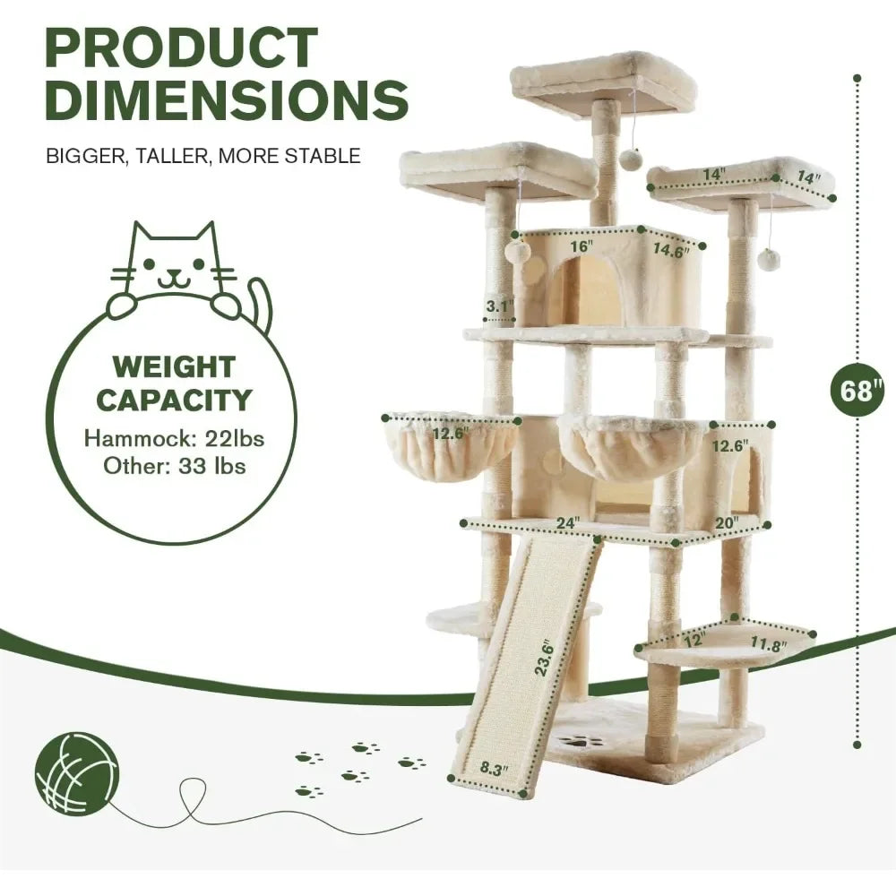 68 Inches Multi Level Large Cat Tree Tower with Condo Plush Perches and Sisal Scratching Posts