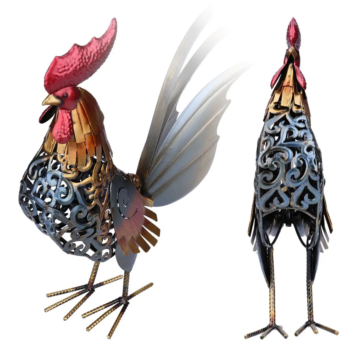 TOOARTS Metal Sculpture Carved Iron Rooster Artwork Decor