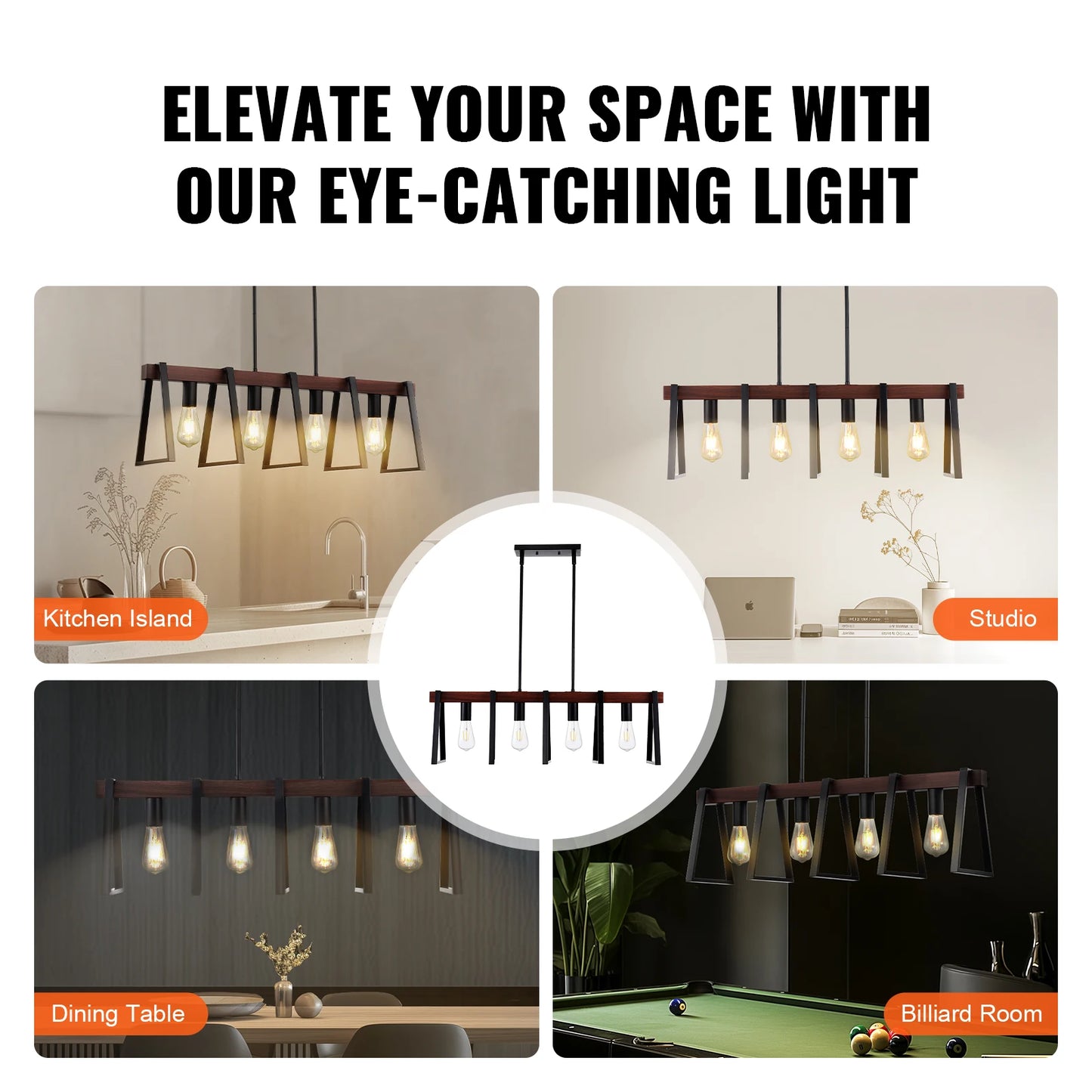 VEVOR 4 Light Kitchen Island Pendant Lights 60W with 2x6 Inch and 6x12 Inch Rods Industrial Metal Frame Farmhouse Linear Chandeliers