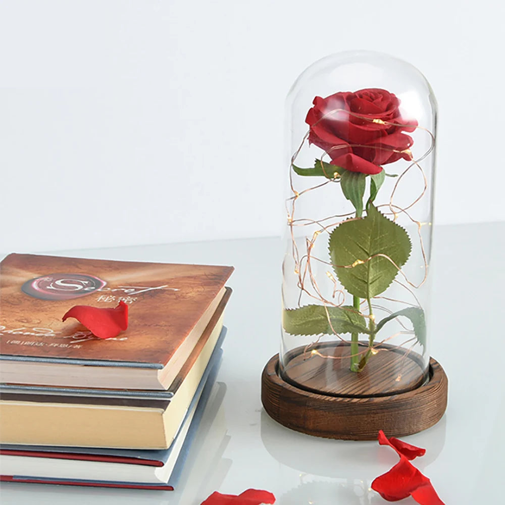 LED Enchanted Silk Rose Eternal Beauty Rose With Fairy Lights Glass Dome Gifts For Valentine's Day Wedding Party Mother's Day