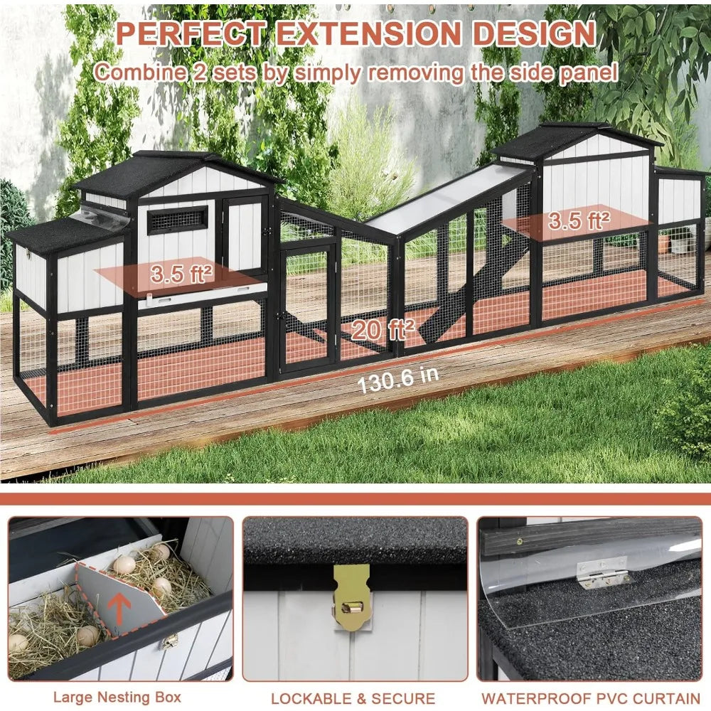 65.3 Inch Chicken Coop and Run Wooden Hen House for One to Two Chickens with Nesting Box Tray and Perches Indoor Outdoor Pet Hutch