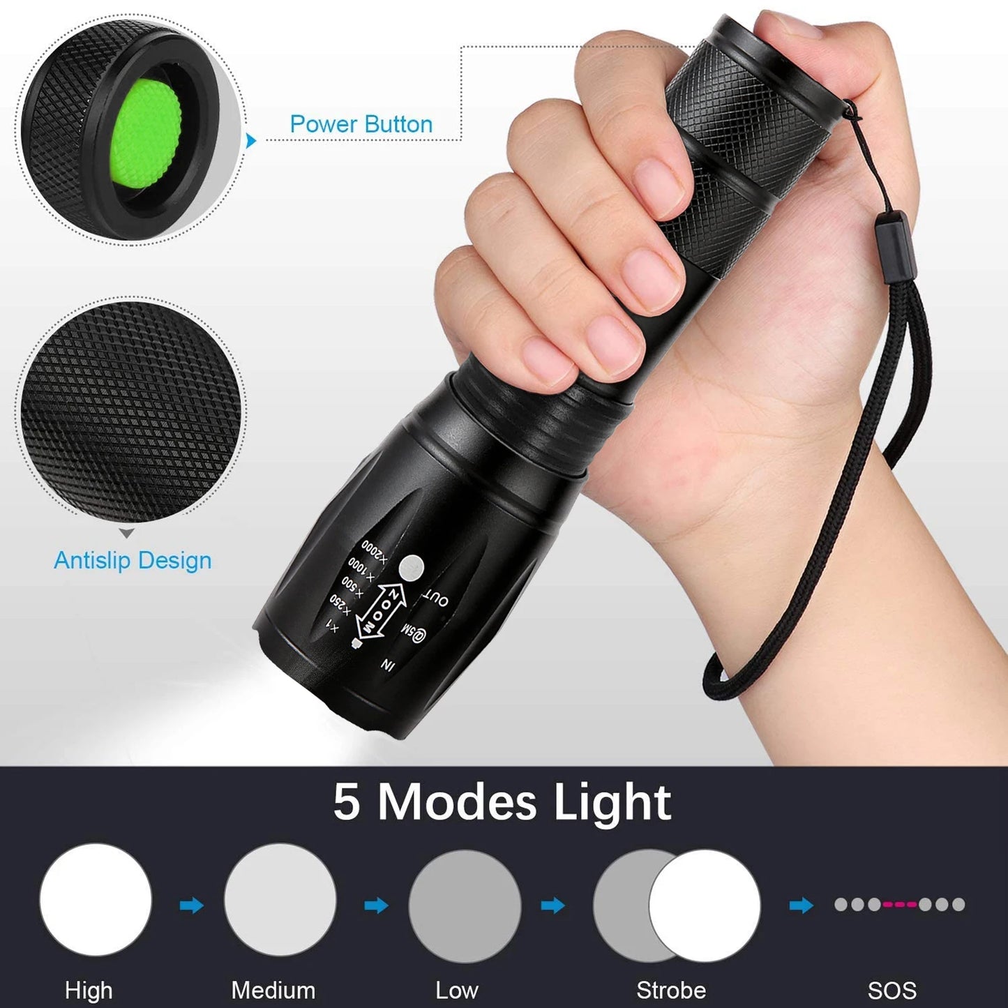 2 pcs High Power Led Flashlight 5 Lighting Modes