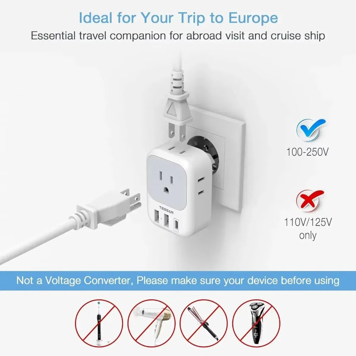 US Plug Power Strip with 4AC Outlet and 3USB Charging Port