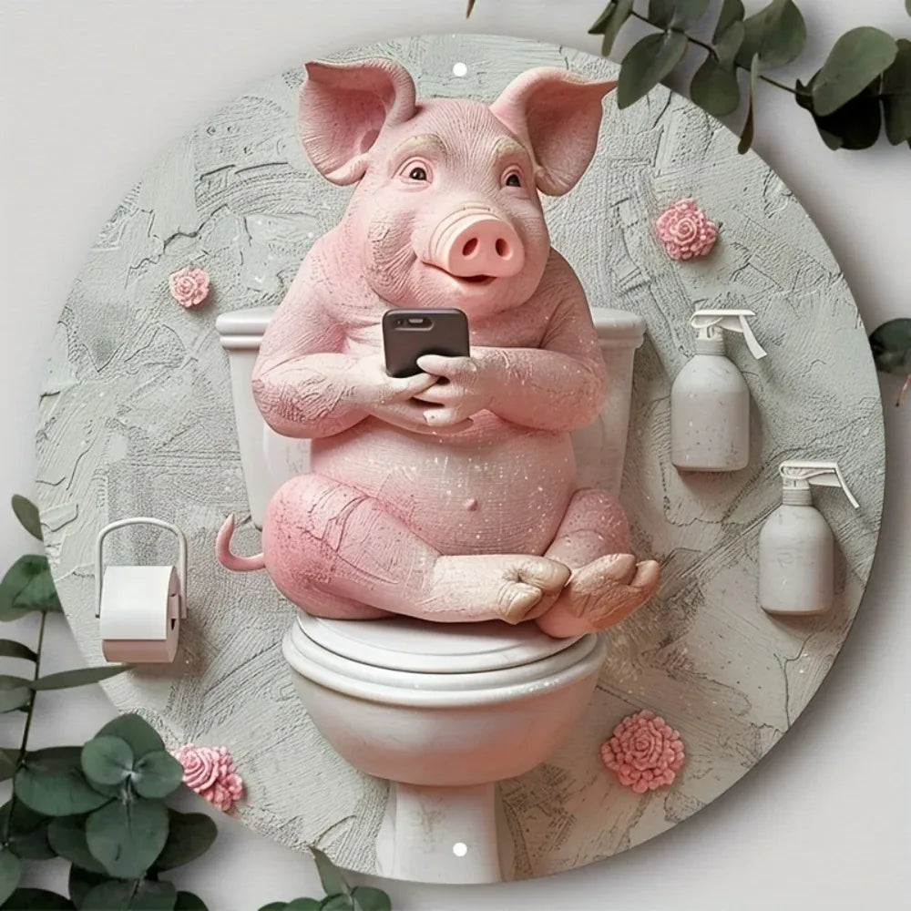Swine and Vine Oinkment Distressed Aluminum Pig Art Round Garland Design with Tulip Embossed Snout Whimsical Bathroom Decor