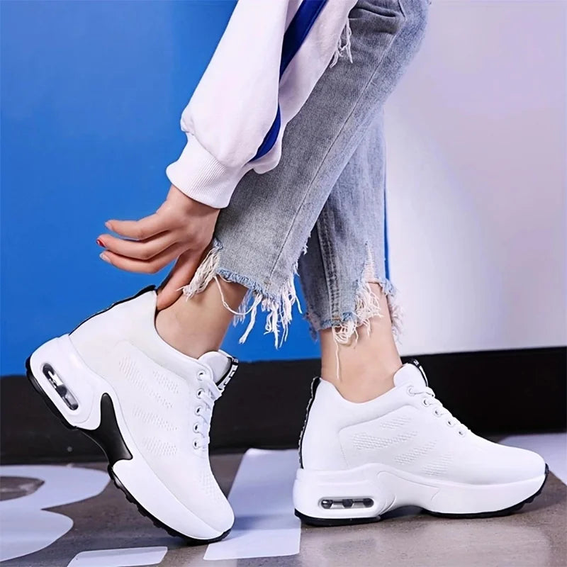 Women Air Cushion Running Sneakers Comfortable Mesh Lace Up Walking Shoes Breathable White