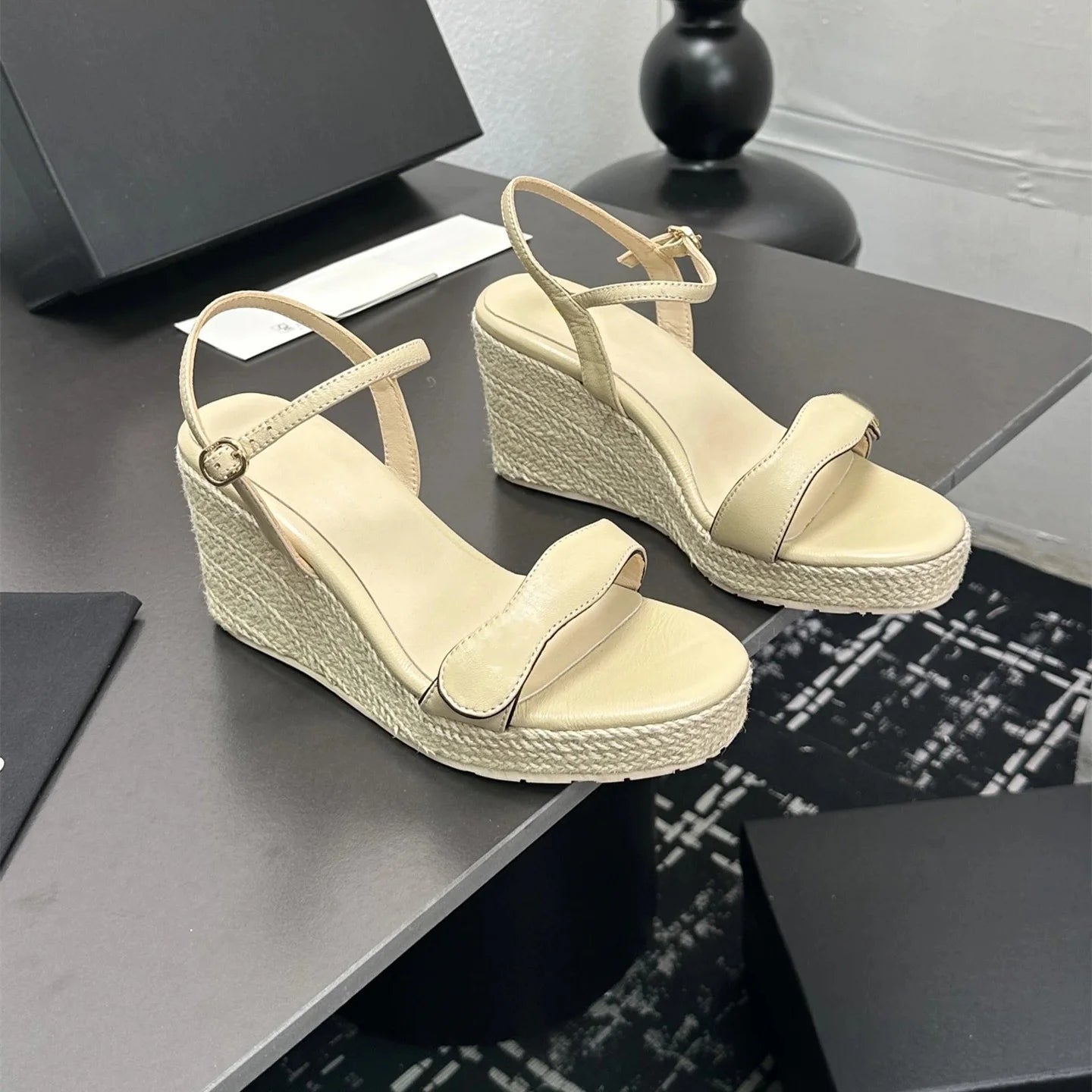 Women Genuine Leather High Heel Wedge Sandals Flat Platform Espadrilles Designer Shoes