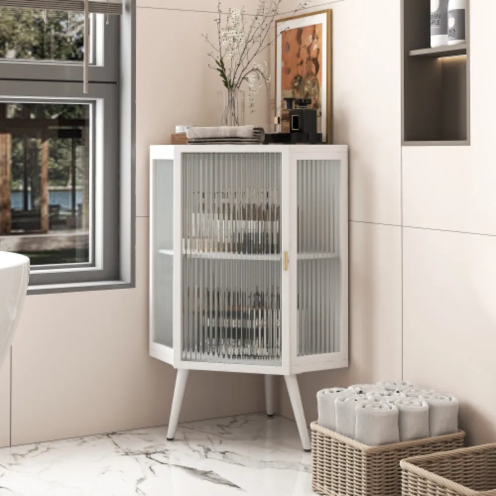 22.25 Inch Floor Corner Cabinet with Tempered Glass Door and Storage Shelves for Bathroom Living Room Bedroom White