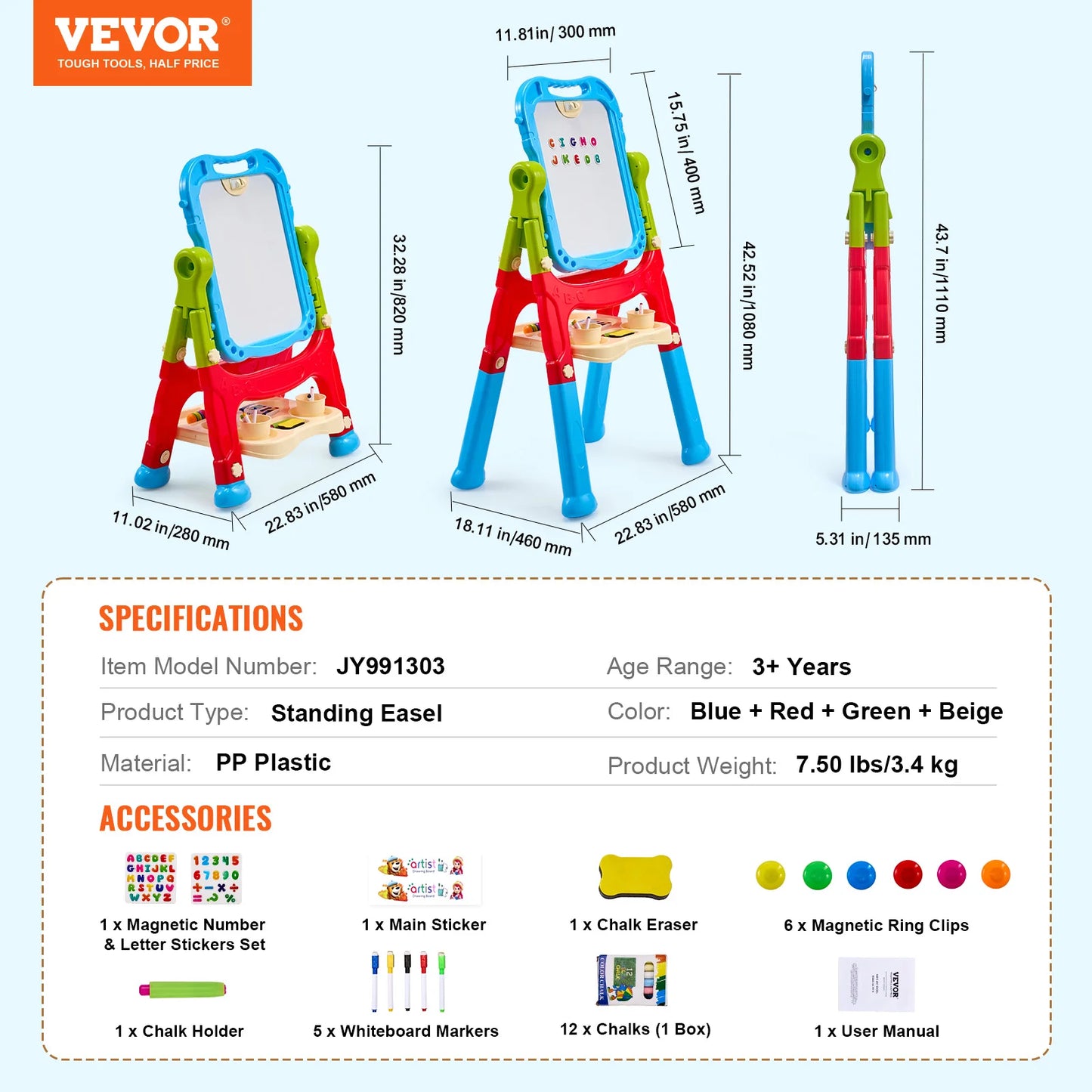 Vevor Children Magnetic Drawing Board with Chalkboard Art Easel Colorful Graffiti Drawing Toys Gift for Kids