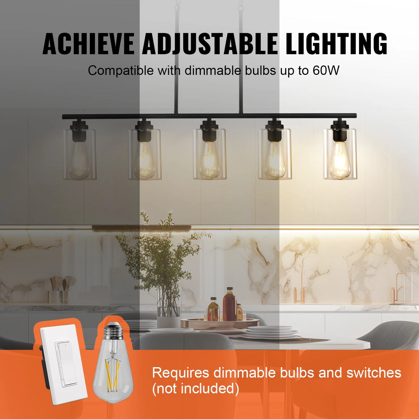 VEVOR 5 Light Kitchen Island Pendant Lights 60W Clear Glass Lampshade 4 Rods 2 Metal Chains Farmhouse Linear Chandeliers
