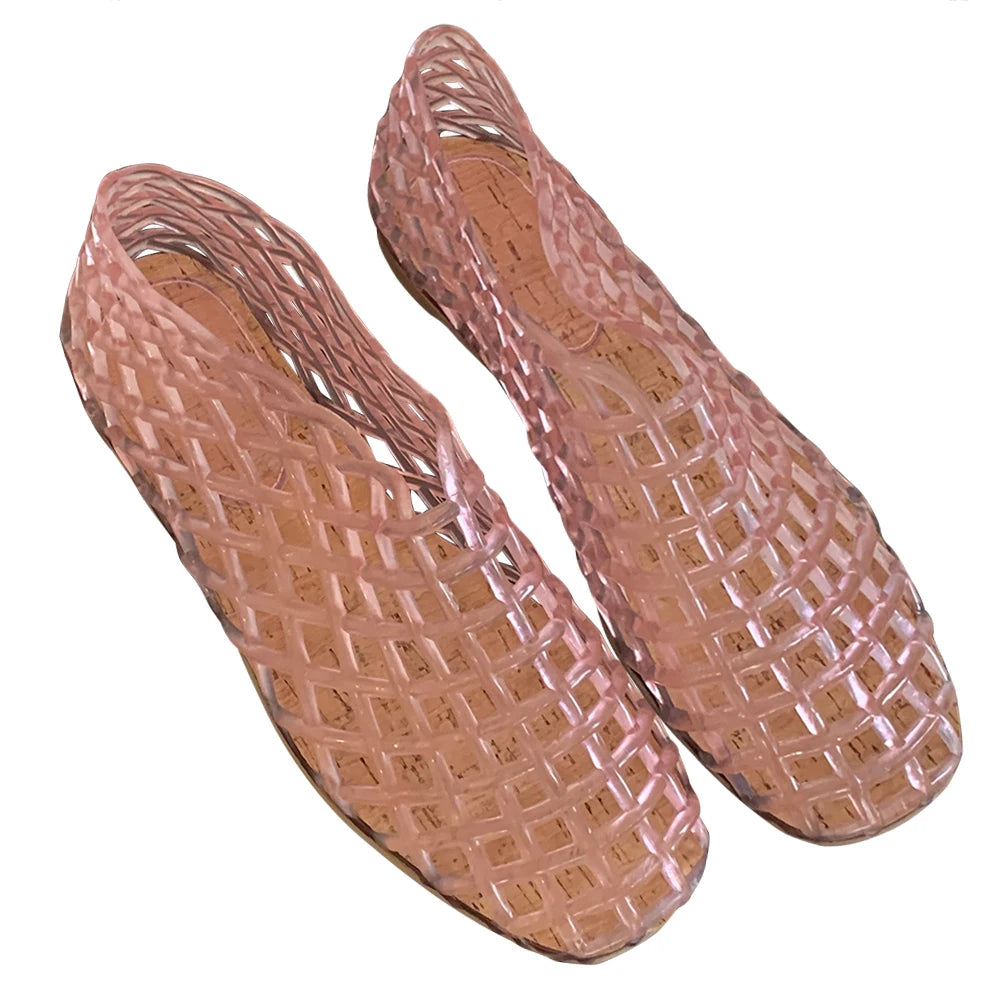 Women Jelly Flats Fashion Slip On Square Toe Hollow Out Ballet Flats Lightweight Beach Shoes for Outdoor Travel