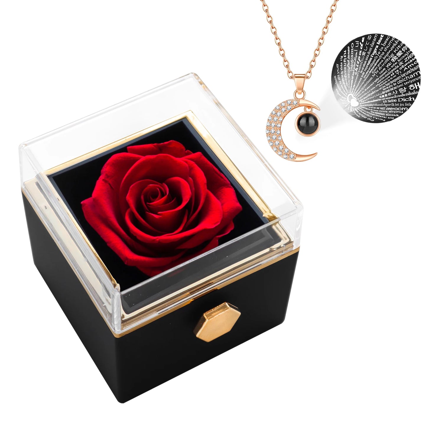 Rotating Eternal Flower Jewelry Box with I Love You Necklace Set in 100 Languages for Birthday Valentine's Day and Mother's Day Gift