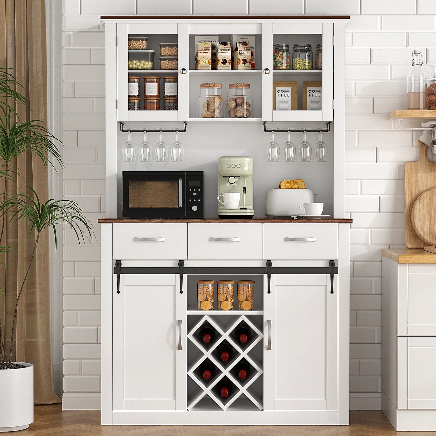 VOWNER Farmhouse Bar Cabinet With Sliding Doors And Wine Racks