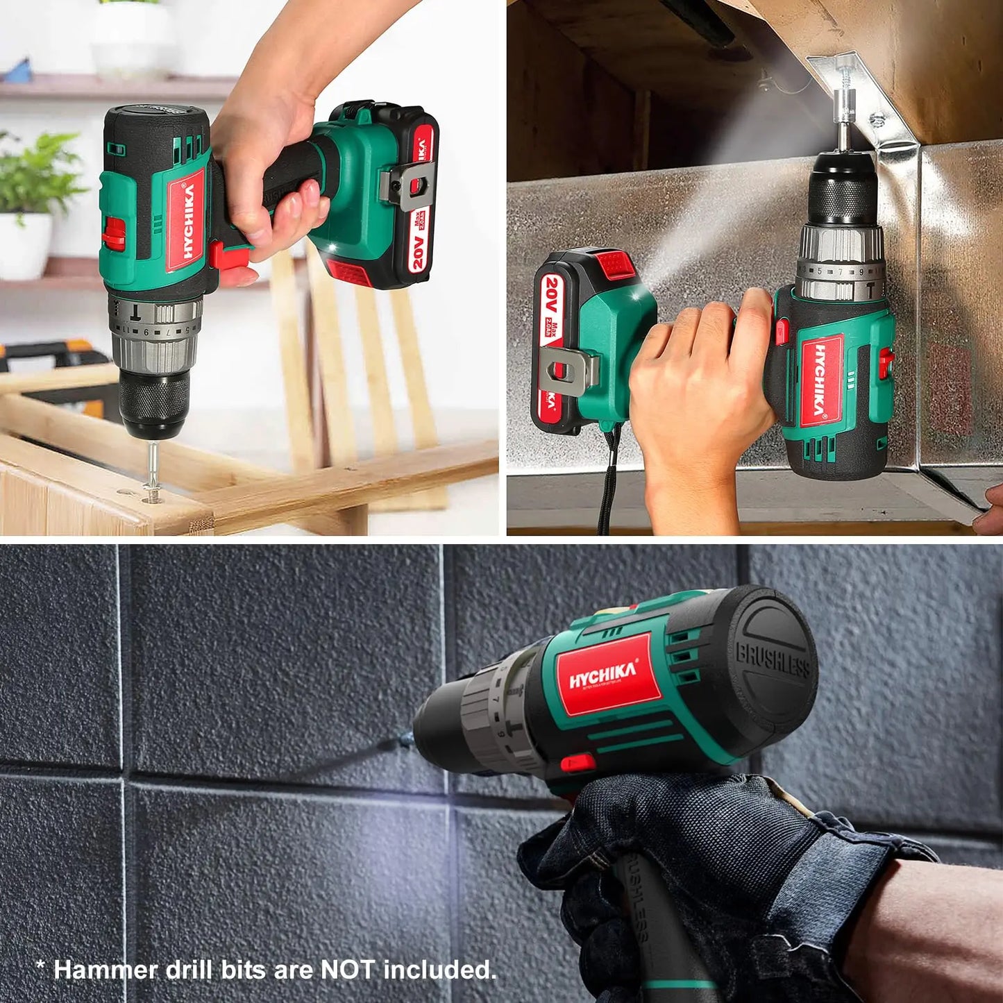 HYCHIKA 20V Cordless Electric Drill Brushless 2.0 AH Battery with Fast Charger 20pcs Drill Bits Electric Screwdriver Power Tools