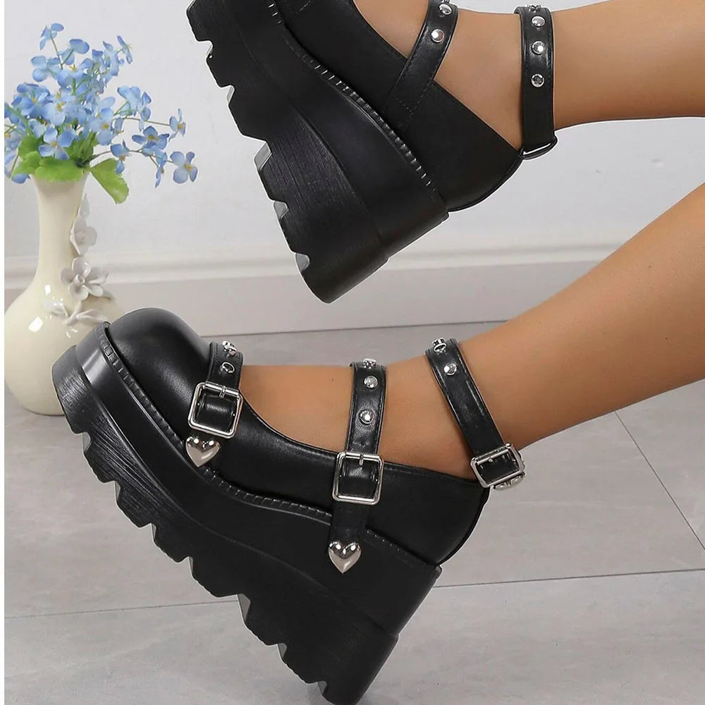 DoraTasia Retro INS Black Round Toe Heel Studded Punk Nightclub Ladies Mary Jane Y2 Lace Buckle Lolita Women's Shoes
