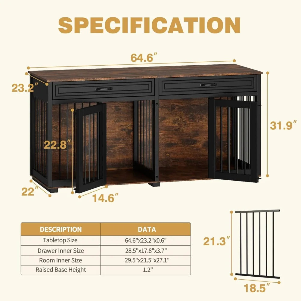 Furniture Style Dog Crate 64.6 Inch Wooden Large Dog Kennel with Drawers and Divider Indoor Dog House Furniture with Double Room