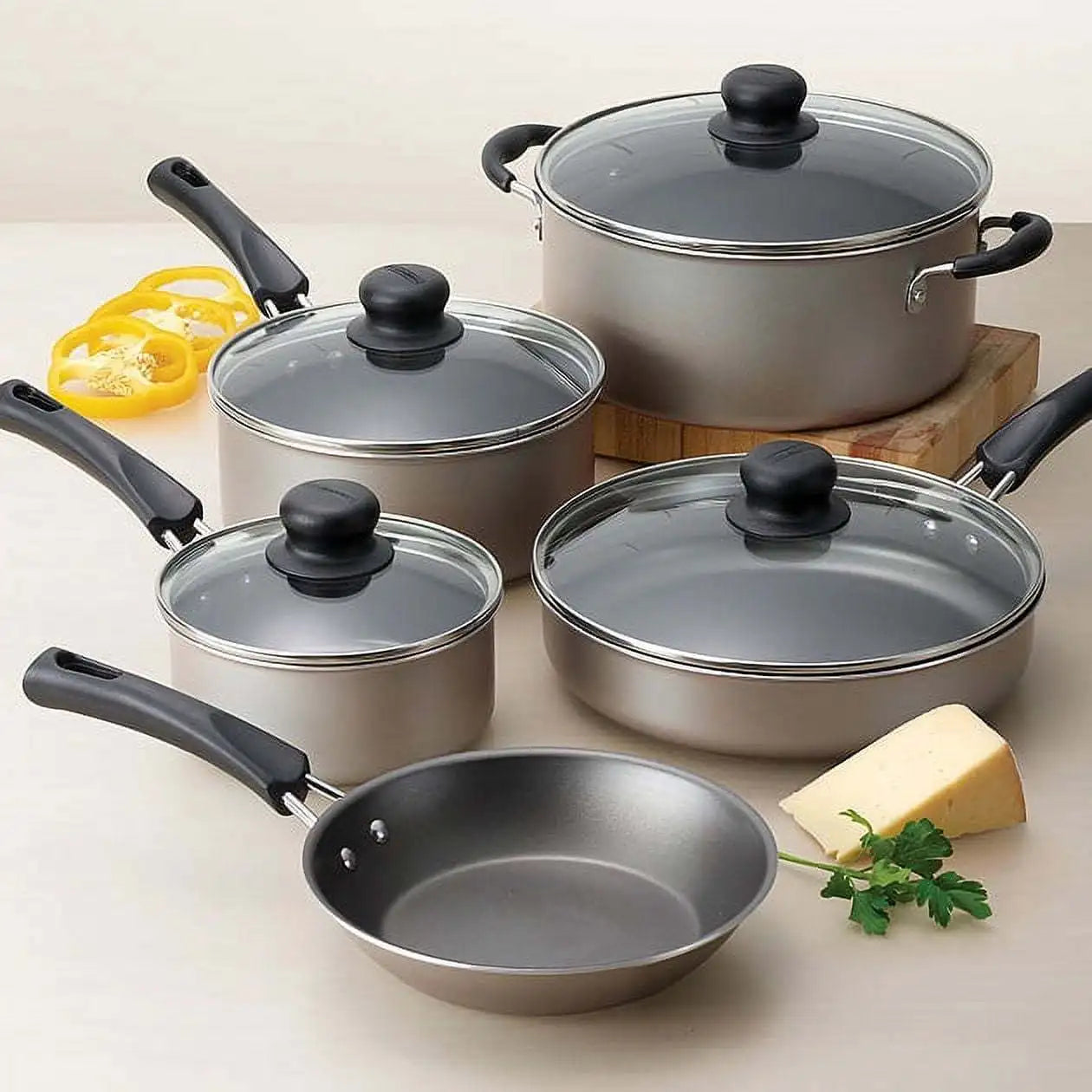 9 Piece All Round Non Stick Cookware Champagne Set Lightweight Durable Perfect for Kitchen Use or Thoughtful Gift