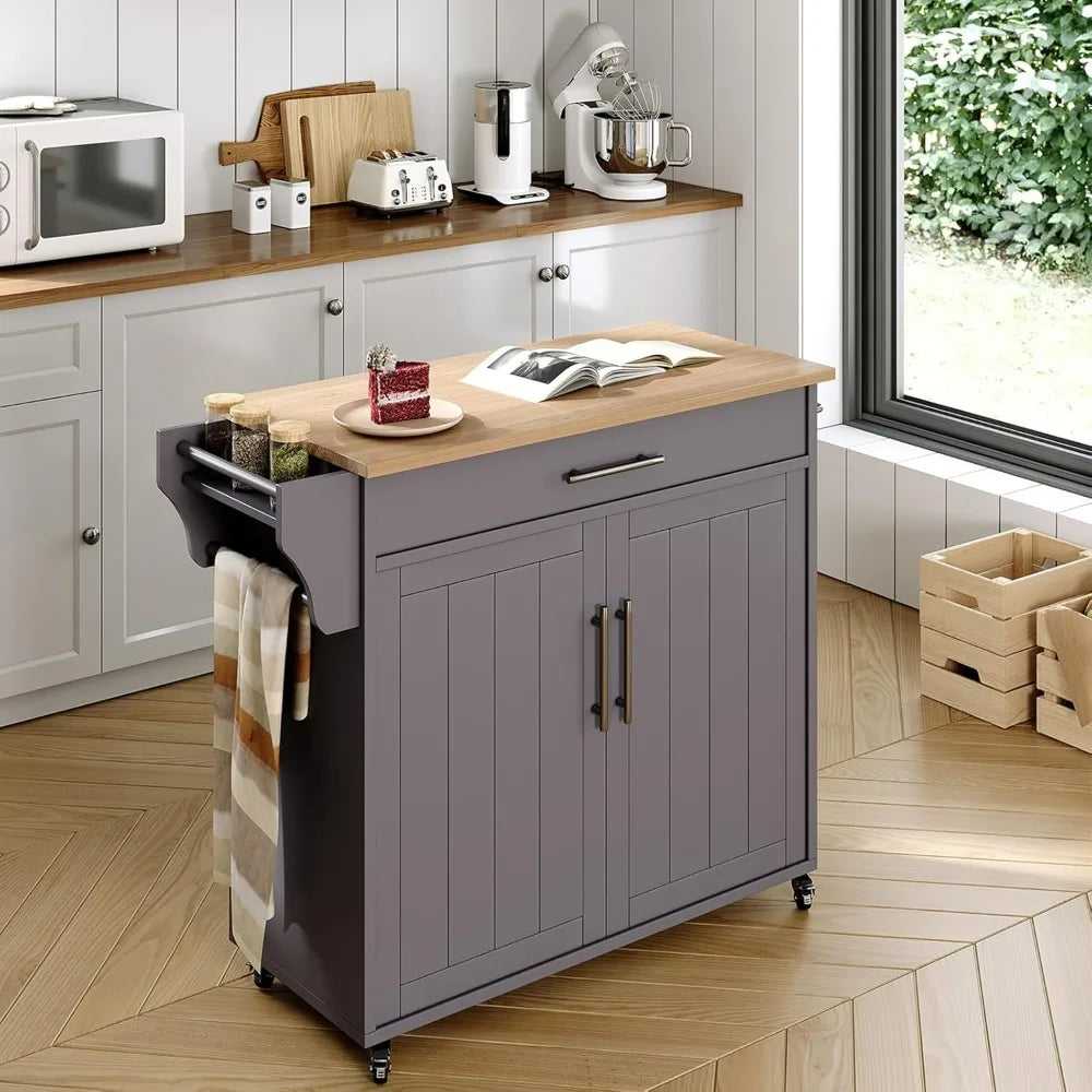 41 Inch Wooden Kitchen Storage Island Cart with Spice Rack